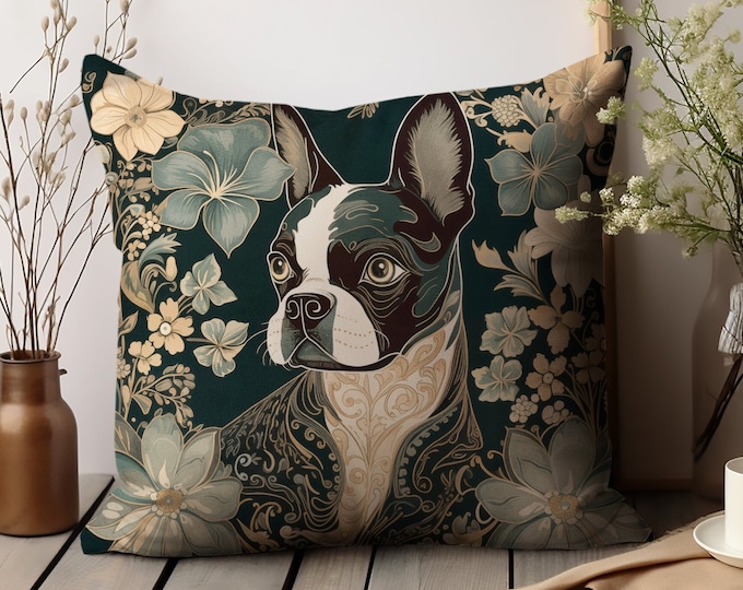 Boston Terrier Throw Pillows - William Morris Style  - Artistic Home Décor |  Faux Suede Pillow Covers | Perfect for Dog Lovers