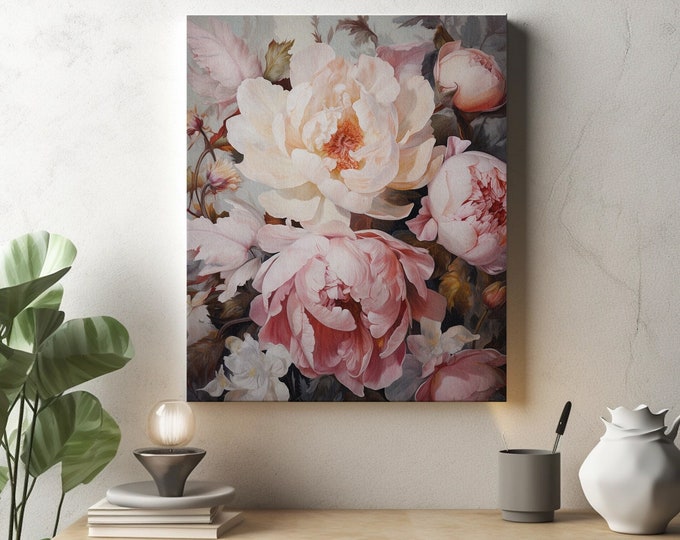 Pink Peony Wall Art - Oil Painted Florals - Digital Download - Poster Prints - Canvas Prints