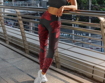 Red and Grey Chrysanthemum Yoga Leggings