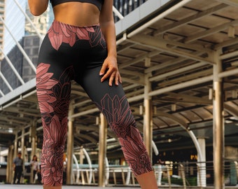 Pink and Black Chrysanthemum Yoga Capris