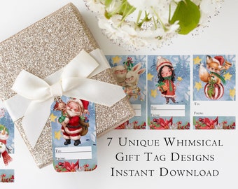 12 Printable Christmas Gift Labels, Printable Gift Tags, whimsical illustrations, cute Christmas gift tags, Aussi en Francais