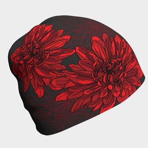 Red and Grey chrysanthemum Beanie/Toque