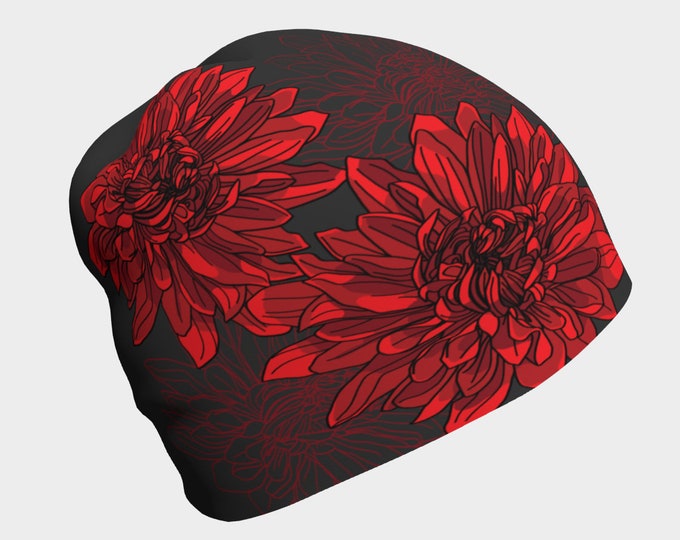 Red and Grey chrysanthemum Beanie/Toque