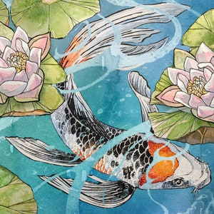Colourful Koi watercolor painting print by Andrea Fryett, art, animal, illustration, home decor, Nursery, gift, Wildlife, wall art