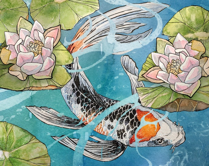 Colourful Koi watercolor painting print by Andrea Fryett, art, animal, illustration, home decor, Nursery, gift, Wildlife, wall art