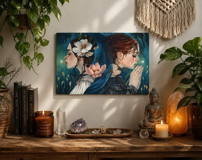 Feminine Duality Wall Art Print, Two Women Portrait, Emotional Reflection Art, Teal Floral Decor, Dark Academia Aesthetic, “A Veil Between M