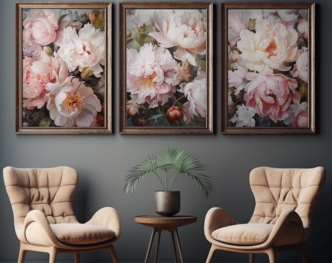 Pink Peony Wall Art - Oil Painted Florals - Digital Download - Poster Prints - Canvas Prints