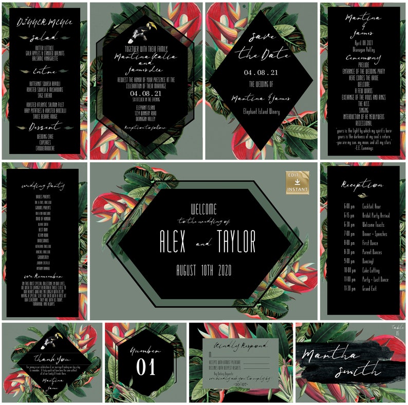 Tropical Black And Grey Destination Wedding Template Wedding Invitation Collection DIY Wedding Invitation Instant Download