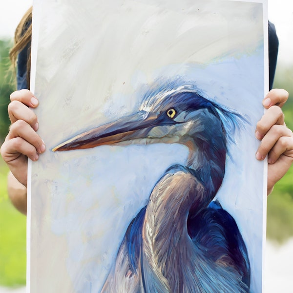 The Great Blue Heron, Art Print, Large Wall Art, Painting, Bird, Wild life, nature, nautical, waterfowl, modern, minimal, blue, white