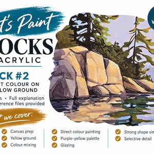 May include: An instructional graphic titled Let's Paint ROCKS IN ACRYLIC ROCK #2 DIRECT COLOUR ON A YELLOW GROUND. It features a landscape painting of rocky shores and pine trees, with text listing 5 videos, full explanation, reference files, and topics like canvas prep, yellow ground, colour mixing, direct colour painting, purple-yellow palette, glazing, strong shape simplification, and selective detail.