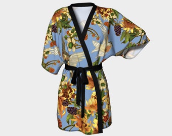 kimono - Swallows and Raspberries in Blue - bathing suit coverups - dressing gown - bridal party robes - art nouveau inspired - spring