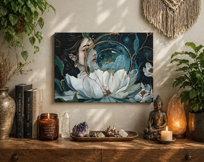 Mystical Feminine Wall Art Print, Crystal Ball Woman Art, Teal Gold Floral Decor, Surreal Portrait, Dark Academia Aesthetic, “The Lens Disto