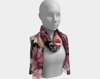 Silk Scarf, Midnight Rose Garden,  Long Scarf, Silk Habutai