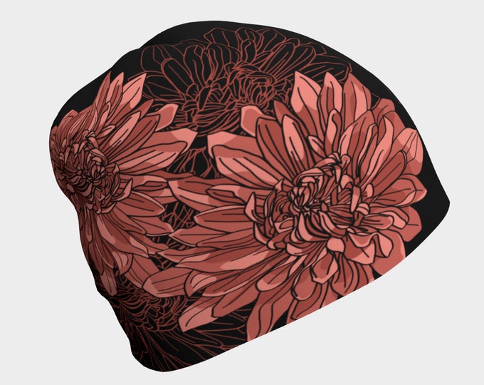 Pink and Black Chrysanthemum Beanie