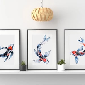 Koi Fish Tryptic watercolor painting print by Andrea Fryett, art, animal, illustration, home decor, Nursery, gift, Wildlife, wall art