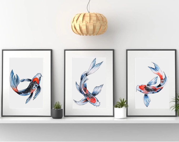 Koi Fish Tryptic watercolor painting print by Andrea Fryett, art, animal, illustration, home decor, Nursery, gift, Wildlife, wall art