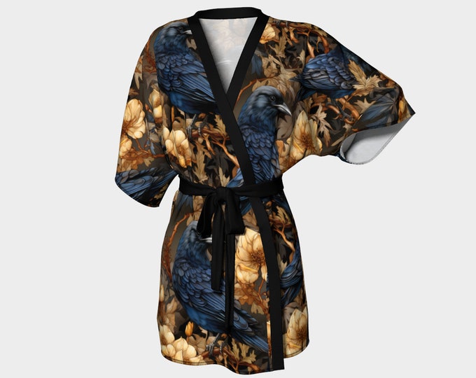 Enchanted Gothic Kimono Bathrobe with Midnight Ravens and Dried Flowers - Romantic Loungewear in Peachkin Jersey Fabric