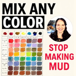 May include: A graphic with the text "MIX ANY COLOR" and "STOP MAKING MUD". It includes a color mixing chart with various paint swatches and a portrait of a woman. The chart displays different color combinations.