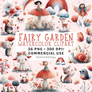 Watercolor Fairy Garden Clipart, Pink Fairy PNG, Fairies Clip Art, Fairy Mushroom, Enchanted Forest, Bunny clipart, Fairy House