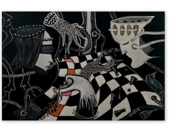 Pintura acrílica decorativa original sobre lienzo juego de ajedrez