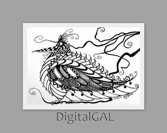 Peut inclure: Dessin au trait noir et blanc d'un oiseau stylisé avec des détails complexes. L'oiseau est perché sur une branche avec des lignes tourbillonnantes en arrière-plan.