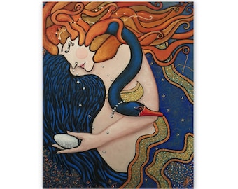 Original Acrylgemälde auf Leinwand Leda mit einem Schwan.