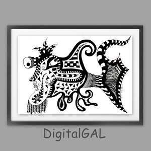 Impressão de peixes exóticos, arte de parede em preto e branco, DOWNLOAD PARA IMPRESSÃO, zodíaco Peixes