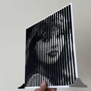 Könnte beinhalten: Ein schwarz-weißes Kunstwerk mit optischer Täuschung. Das Kunstwerk zeigt vertikale schwarze Linien auf weißem Hintergrund, die bei Betrachtung aus einem bestimmten Winkel ein Porträt ergeben. Es ist auf einer weißen Basis mit grauen Stützen montiert.