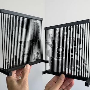 Puede incluir: Pieza de arte de ilusión óptica negra. La obra de arte está hecha de líneas verticales negras, creando una imagen oculta que aparece cuando se ve desde un ángulo específico. La pieza está sostenida por la mano de una persona.