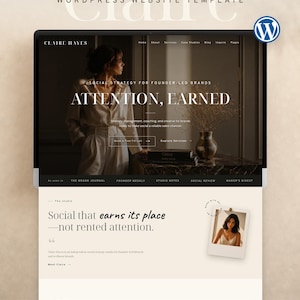 May include: A WordPress website template titled Claire featuring a hero section with a dark-toned photograph of a person, the text Attention, Earned, and a secondary section with the text Social that earns its place—not rented attention.
