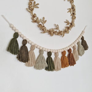 Olive green and neutral yarn tassel garland with wood beads / Woodland first birthday / Neutral nursery decor / High chair banner