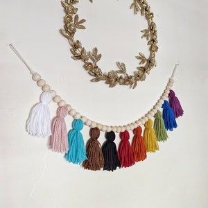 Progressive pride flag yarn tassel garland with wood beads / LGBTQ+ Pride month / Classroom decor