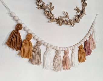 Warm earth tone yarn tassel garland with wood beads / Sun is One First Trip Around the Sun high chair cake smash banner / Boho sunshine