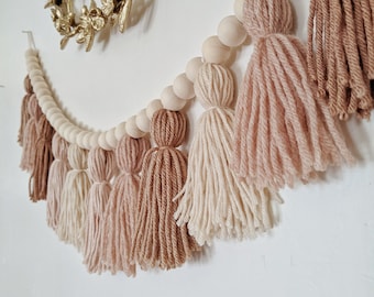 Blush and clay yarn tassel garland with wood beads / High chair cake smash banner / Blush Christmas decor / Girls nursery