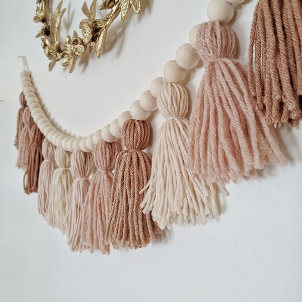 Blush and clay yarn tassel garland with wood beads / High chair cake smash banner / Blush Christmas decor / Girls nursery