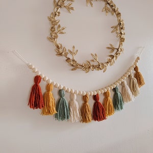 Fall colors yarn tassel garland with wood beads / Little pumpkin first birthday cake smash high chair banner / Fall fireplace decor