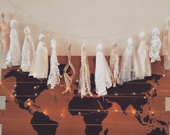 White/natural fabric and lace tassel garland/Rustic Wedding Garland/Boho decor/Dorm decor/Rustic Decor/Bohemian decor/Neutral nursery decor