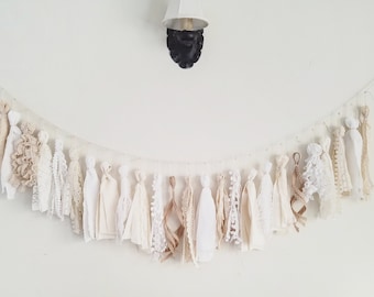 White/natural fabric and lace tassel garland/Dorm decor/Barn wedding/Neutral nursery/Boho decor/Farmhouse/Modern Rustic Decor/Extra tassels