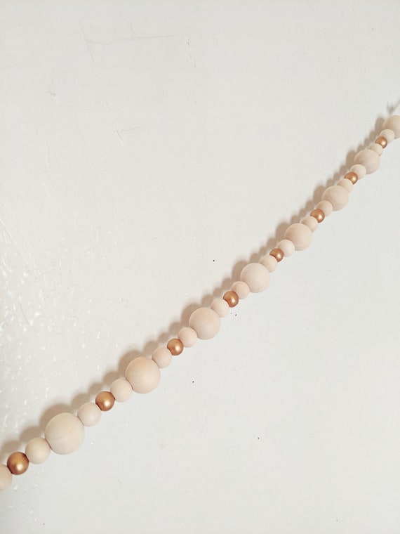Natural and gold wood bead garland / Modern farmhouse home decor, Christmas tree garland, Scandinavian Christmas, Boho dorm, mantle decor