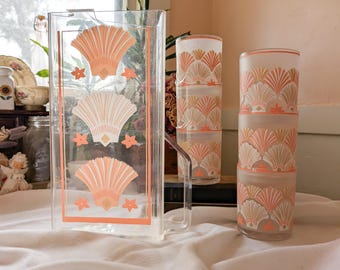 Vintage MCM Peach Seashell Frosted Lucite Acrylic Pitcher and 6 Cups Set by HJ Stotter - Neptune