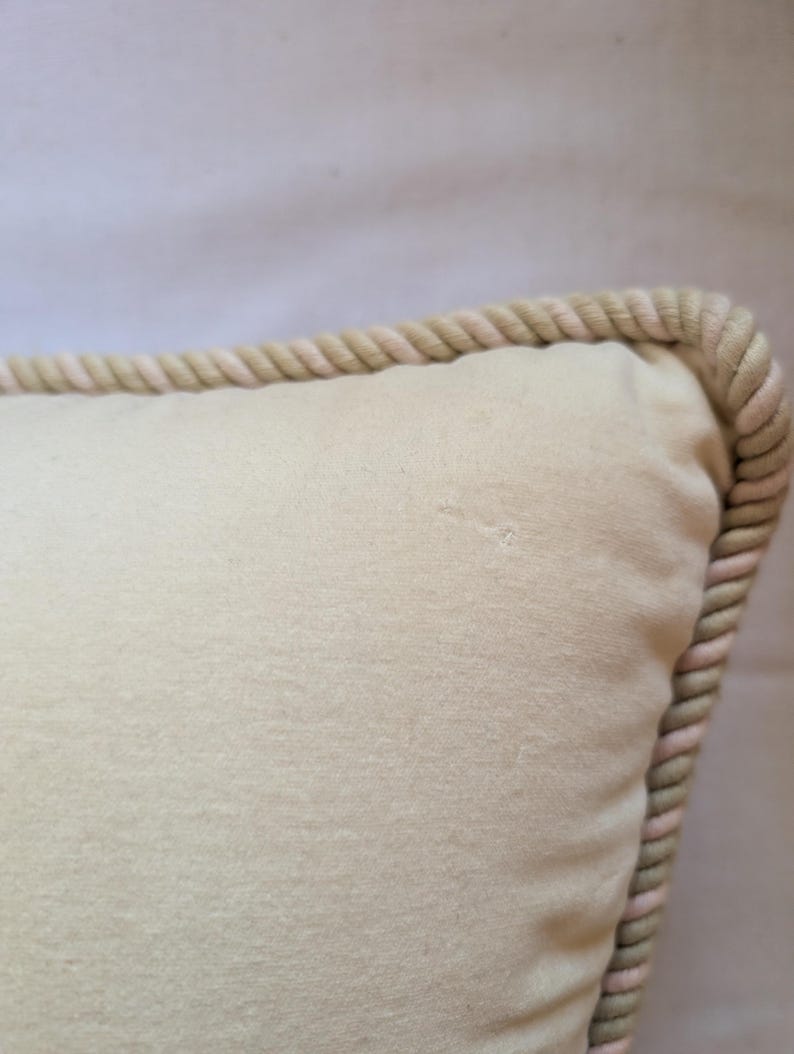 May include: A square throw pillow in a solid light beige color featuring a thick, twisted rope trim along the edge. The fabric has a smooth, matte texture with a subtle, small indentation visible on the surface of the pillow cover material.