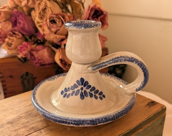 Vintage Cottagecore Stoneware Blue and Cream Chamber Candle Holder with Finger Loop