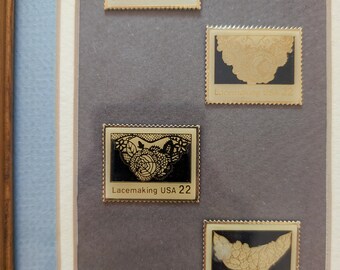 Framed Lacemaking USA 22c Metal Pin Reproductions Set of 4