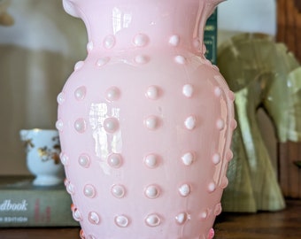 Vintage Fenton Pink and White Ruffled Hobnail Vase - 7" Blown Glass