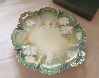Antique RS Prussia Hand Painted Floral Gold Accent Seafoam Green Porcelain Cake Platter with Handles - 11.5" - Vanity tray