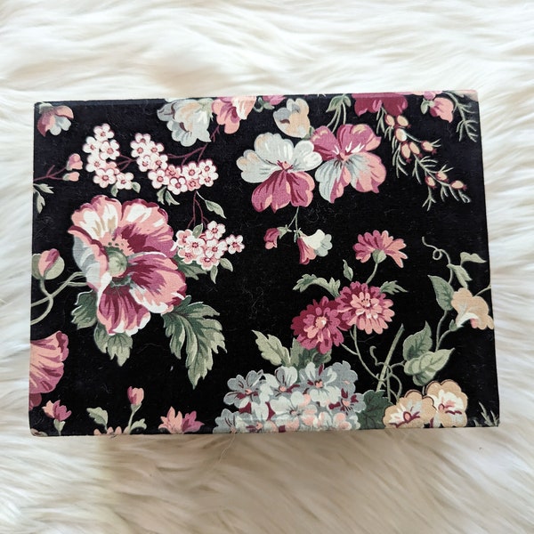 Vintage Dark Floral Fabric Padded Trinket/Jewelry Box with Mirror