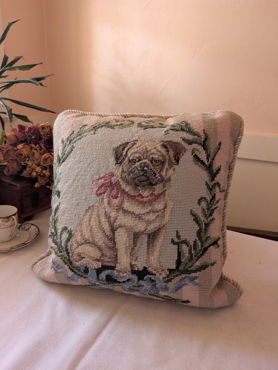 Vintage Grannycore Pug Handmade Wool Needlepoint Decorative Throw Pillow Cover - Dog Pillow - 13" x 13"