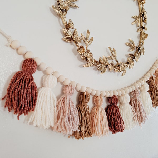 Blush and terra cotta yarn tassel garland with wood beads / First birthday cake smash high chair banner / Over the crib / Neutral decor