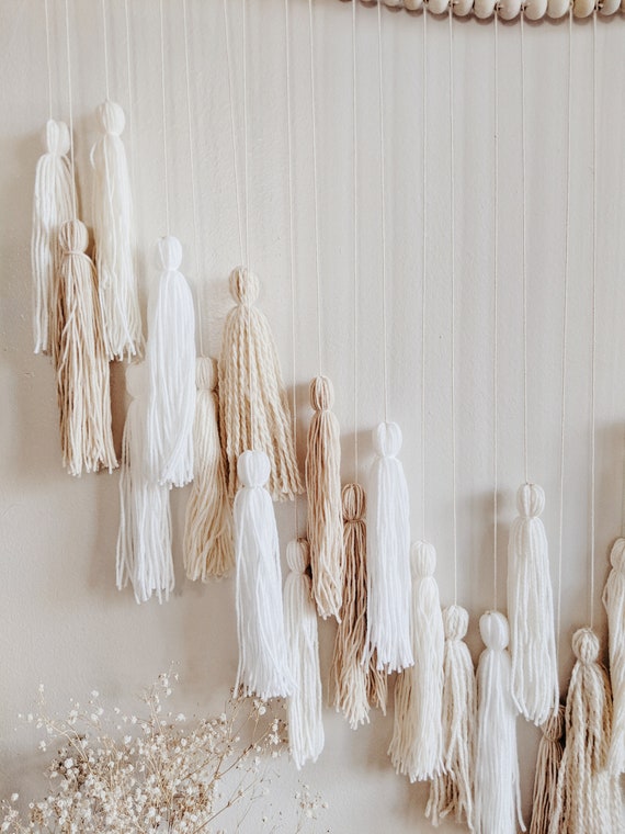 White Cream and Beige Yarn Tassel Wall Hanging Over the Crib Art Boho Wall Decor Gender Neutral Nursery Tassel Garland Etsy Canada