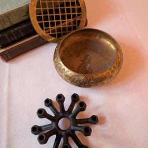 Vintage Mid Century Indian Etched Brass Floral Incense Bowl/Flower Frog with Cast Iron Candle Holder